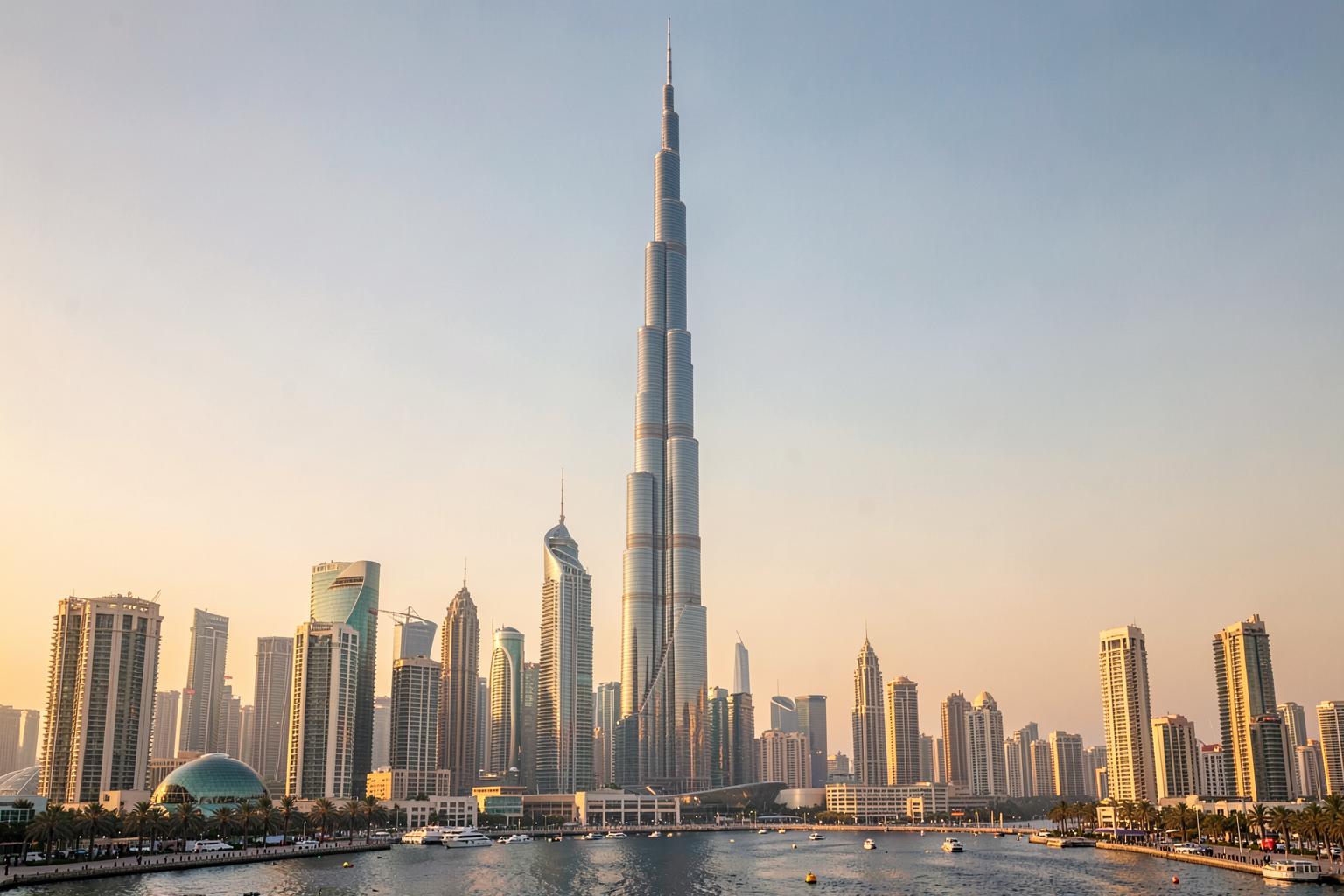 Burj Khalifa and the Dubai skyline at golden hour across the water