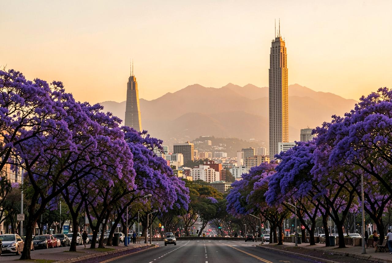 Mexico City skyline at golden hour above jacaranda trees in purple bloom