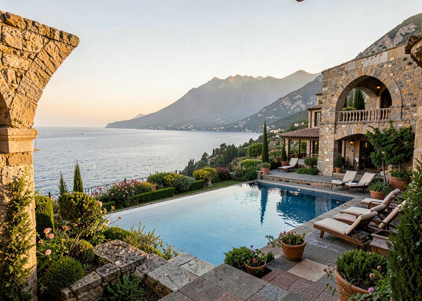Clifftop hotel terrace and pool above the Ionian Sea in Taormina at golden hour